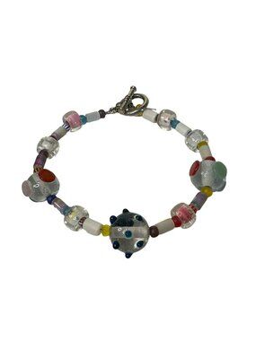 Colorful Glass Bead Bracelet Toggle Clasp Handmade Artsy Colorful Chunky 7.5"